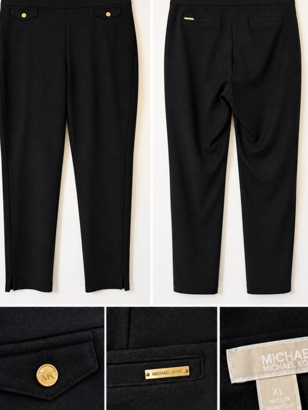 Michael Kors Women’s Black Ankle Dress Pants XL Gold MK Button Pull-On Straight